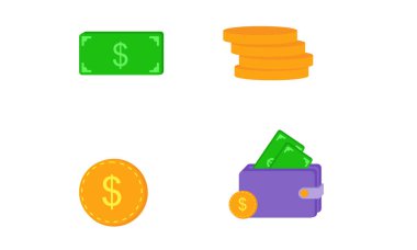 Para ya da finansal vektör simgesi ayarlandı. Dolar parası, para yığını, cüzdan, Modern Simge