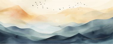 Mavi dağ arka plan vektörü. Suluboya fırça desenli Doğu Lüks peyzaj tasarımı. Duvar kağıdı tasarımı, ev dekorasyonu ve baskılar için duvar sanatı.