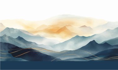 Mavi dağ arka plan vektörü. Suluboya fırça desenli Doğu Lüks peyzaj tasarımı. Duvar kağıdı tasarımı, ev dekorasyonu ve baskılar için duvar sanatı.