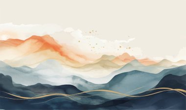 Mavi dağ arka plan vektörü. Suluboya fırça desenli Doğu Lüks peyzaj tasarımı. Duvar kağıdı tasarımı, ev dekorasyonu ve baskılar için duvar sanatı.