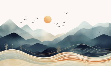 Mavi dağ arka plan vektörü. Suluboya fırça desenli Doğu Lüks peyzaj tasarımı. Duvar kağıdı tasarımı, ev dekorasyonu ve baskılar için duvar sanatı.