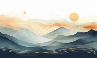 Mavi dağ arka plan vektörü. Suluboya fırça desenli Doğu Lüks peyzaj tasarımı. Duvar kağıdı tasarımı, ev dekorasyonu ve baskılar için duvar sanatı.