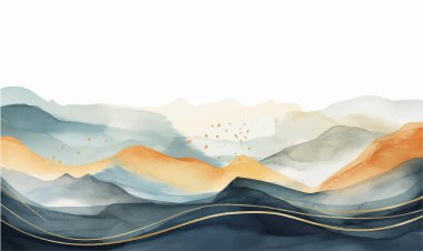 Mavi dağ arka plan vektörü. Suluboya fırça desenli Doğu Lüks peyzaj tasarımı. Duvar kağıdı tasarımı, ev dekorasyonu ve baskılar için duvar sanatı.