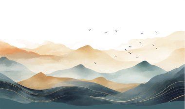 Mavi dağ arka plan vektörü. Suluboya fırça desenli Doğu Lüks peyzaj tasarımı. Duvar kağıdı tasarımı, ev dekorasyonu ve baskılar için duvar sanatı.