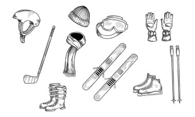 Çizimler, kış sporları. Eşarp, eldiven, Kayak ve diğerleri. Kış spor kayak ve snowboard, kask ve paten vektör