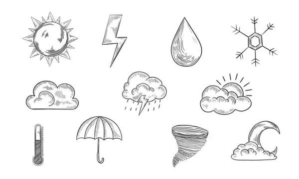 Sketch weather icons. Hand drawn rain, storm and snow. Clear sun and moon, tornado and hurricane wind, thermometer and retro umbrella vector set of weather elements, rain and storm sketch