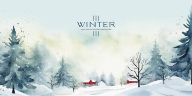 Kış vektörü. Elle boyanmış suluboya resim. Davetiye, kart, sosyal paylaşım, reklam, kapak, satış afişi ve davetiye için arkaplan tasarımı