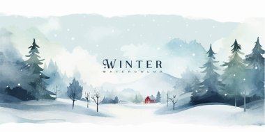 Kış vektörü. Elle boyanmış suluboya resim. Davetiye, kart, sosyal paylaşım, reklam, kapak, satış afişi ve davetiye için arkaplan tasarımı