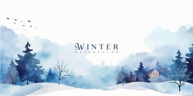 Kış vektörü. Elle boyanmış suluboya resim. Davetiye, kart, sosyal paylaşım, reklam, kapak, satış afişi ve davetiye için arkaplan tasarımı
