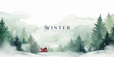 Kış vektörü. Elle boyanmış suluboya resim. Davetiye, kart, sosyal paylaşım, reklam, kapak, satış afişi ve davetiye için arkaplan tasarımı