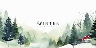 Kış vektörü. Elle boyanmış suluboya resim. Davetiye, kart, sosyal paylaşım, reklam, kapak, satış afişi ve davetiye için arkaplan tasarımı