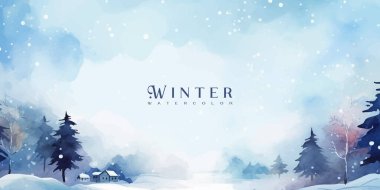 Kış vektörü. Elle boyanmış suluboya resim. Davetiye, kart, sosyal paylaşım, reklam, kapak, satış afişi ve davetiye için arkaplan tasarımı