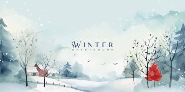 Kış vektörü. Elle boyanmış suluboya resim. Davetiye, kart, sosyal paylaşım, reklam, kapak, satış afişi ve davetiye için arkaplan tasarımı