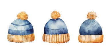 Kışın hatıra defteri, poster, tebrik kartı, çıkartma ya da basılabilir basım için mavi ve altın unsur süslemesi için ponom clipart vektörlü Şirin suluboya şapka seti.