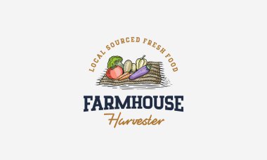 Logo tasarımlarındaki taze sebzeler. Çiftçi pazarı için doğal gıda. El çizimi vektör illüstrasyonu.