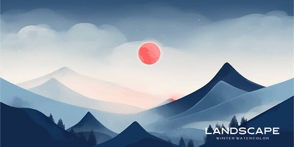 Natural blue mountain landscape. Abstract contemporary aesthetic backgrounds landscapes. with mountains, hill and red moon. vector illustrations
