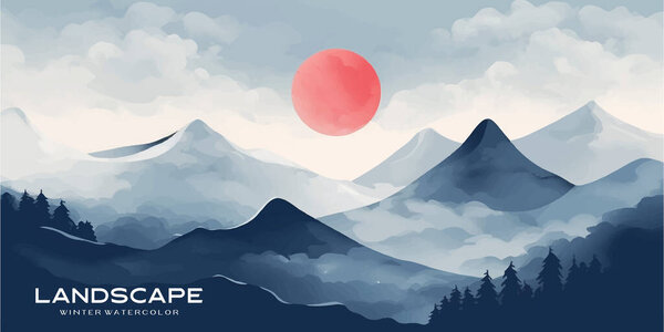 Natural blue mountain landscape. Abstract contemporary aesthetic backgrounds landscapes. with mountains, hill and red moon. vector illustrations