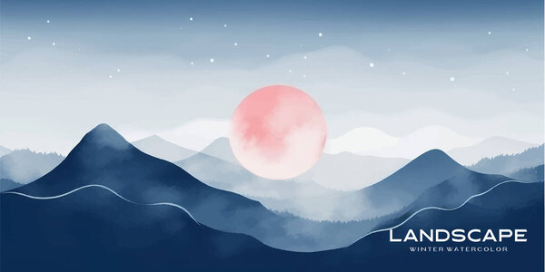 Natural blue mountain landscape. Abstract contemporary aesthetic backgrounds landscapes. with mountains, hill and red moon. vector illustrations
