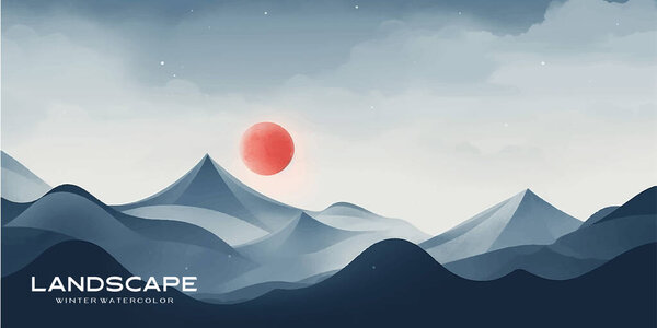 Natural blue mountain landscape. Abstract contemporary aesthetic backgrounds landscapes. with mountains, hill and red moon. vector illustrations