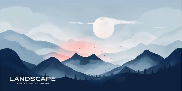 Natural blue mountain landscape. Abstract contemporary aesthetic backgrounds landscapes. with mountains, hill and red moon. vector illustrations
