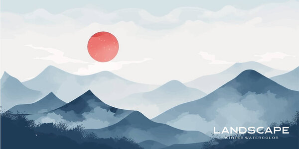Natural blue mountain landscape. Abstract contemporary aesthetic backgrounds landscapes. with mountains, hill and red moon. vector illustrations