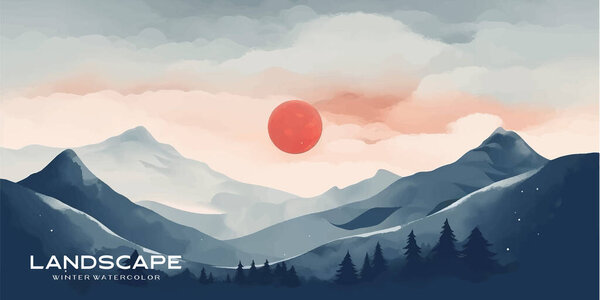 Natural blue mountain landscape. Abstract contemporary aesthetic backgrounds landscapes. with mountains, hill and red moon. vector illustrations