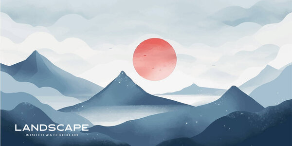 Natural blue mountain landscape. Abstract contemporary aesthetic backgrounds landscapes. with mountains, hill and red moon. vector illustrations