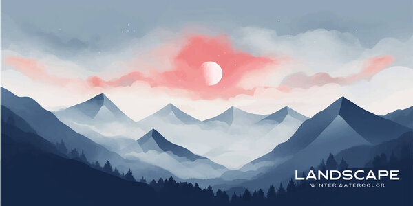 Natural blue mountain landscape. Abstract contemporary aesthetic backgrounds landscapes. with mountains, hill and red moon. vector illustrations