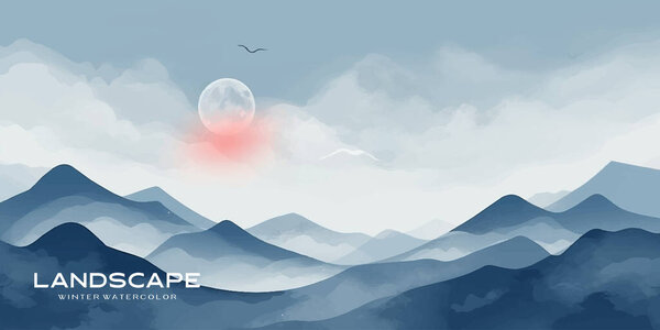 Natural blue mountain landscape. Abstract contemporary aesthetic backgrounds landscapes. with mountains, hill and red moon. vector illustrations