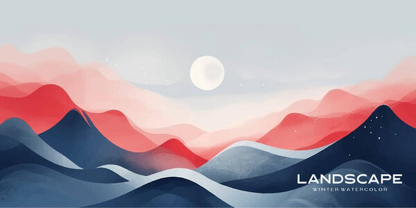 Natural blue mountain landscape. Abstract contemporary aesthetic backgrounds landscapes. with mountains, hill and red moon. vector illustrations