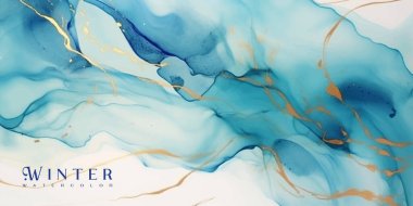 Altın lekeli Cyan mavisi suluboya arka plan. Teal turkuaz mermer çizim efekti. Düğün davetiyesi ve menü için vektör illüstrasyon tasarımı şablonu