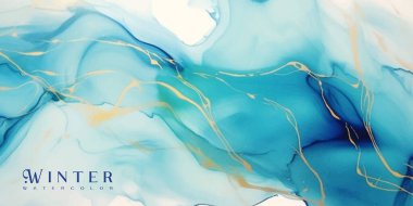 Altın lekeli Cyan mavisi suluboya arka plan. Teal turkuaz mermer çizim efekti. Düğün davetiyesi ve menü için vektör illüstrasyon tasarımı şablonu