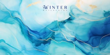 Altın lekeli Cyan mavisi suluboya arka plan. Teal turkuaz mermer çizim efekti. Düğün davetiyesi ve menü için vektör illüstrasyon tasarımı şablonu