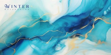 Altın lekeli Cyan mavisi suluboya arka plan. Teal turkuaz mermer çizim efekti. Düğün davetiyesi ve menü için vektör illüstrasyon tasarımı şablonu