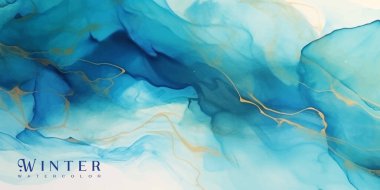 Altın lekeli Cyan mavisi suluboya arka plan. Teal turkuaz mermer çizim efekti. Düğün davetiyesi ve menü için vektör illüstrasyon tasarımı şablonu