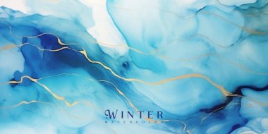 Altın lekeli Cyan mavisi suluboya arka plan. Teal turkuaz mermer çizim efekti. Düğün davetiyesi ve menü için vektör illüstrasyon tasarımı şablonu