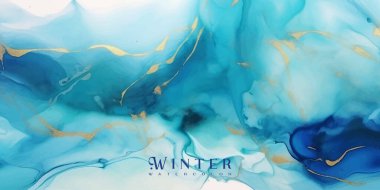 Altın lekeli Cyan mavisi suluboya arka plan. Teal turkuaz mermer çizim efekti. Düğün davetiyesi ve menü için vektör illüstrasyon tasarımı şablonu