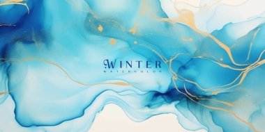 Altın lekeli Cyan mavisi suluboya arka plan. Teal turkuaz mermer çizim efekti. Düğün davetiyesi ve menü için vektör illüstrasyon tasarımı şablonu