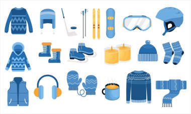 Beyaz arka planda izole edilmiş sıcak, sıcak kış elementleriyle İskandinav higge seti. Hediyeler ve bitkiler, örgü süveter, şapka, eşarp, çoraplar. Battaniye ve mumlar.