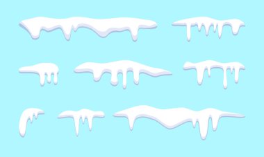 Kar topları, kartopları ve kar yığınları. Kar kepi vektör koleksiyonu. Kış dekorasyonu. Mavi arka planda karlı elementler var. Çizgi film şablonu. Kar yağışı ve hareket halindeki kar taneleri. Görüntü.