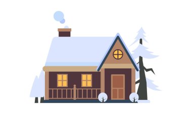 Tatlı kış manzarası. Kış bayrağı. Karlı bir vadide güzel evler. Yatay peyzaj. Kış Kulübesi Çizimi
