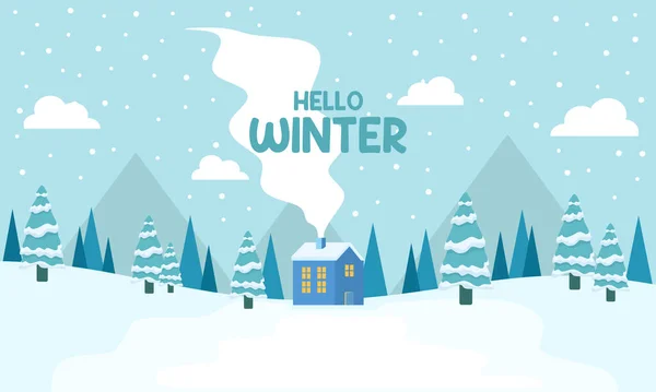 Tatlı kış manzarası. Kış bayrağı. Karlı bir vadide güzel evler. Yatay peyzaj. Kış Kulübesi Çizimi