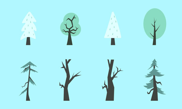 зимние деревья, векторная изолированная иллюстрация деревьев, листьев, ели, кустарников, солнца, снега и облаков, зимние элементы природы для создания ландшафта