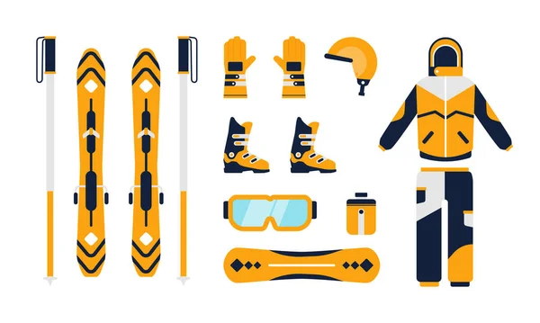 Winter sports equipment icons set in flat design style.Winter sport equipment. Vector icons set with snowboard, ski, gloves, helmet, sled, jacket, pants. Illustration of winter sporting accessories. Mountain skiing and skating activity on holidays