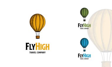 Hand Drawn Sıcak Hava Balonu vektör logosu tasarım şablonu. Retro hava gemisi ya da ulaşım simgesi. Yüksek Seyahat Ajansı Logo şablonu