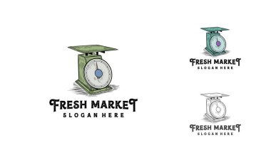 Taze Çiftçi Pazarı ölçek sembolü logo vektörü, meyve pulları el yapımı vintage logo