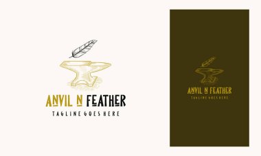 Quill and Forge Logo şablon tasarımları, Anvil ve Tüylü El Çizilmiş Vintage logo şablonu