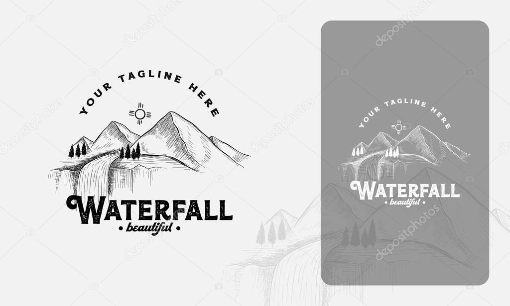 Hand drawn logo of mountain with waterfall vector template, Hand drawn Nature Wonder logo template