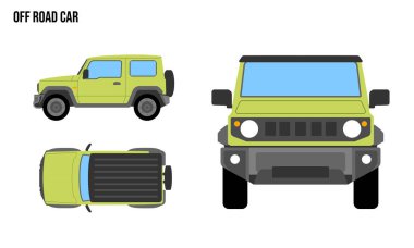 Off Road Car Flat tasarım illüstrasyonu, Kamu Araçları, üst görünüm, yan görünüm, ön görünüm, beyaz arkaplan tarafından izole edilmiş