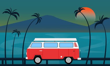 Gece karavanı dağ ve göl manzaralı, düz tasarım resimli arka plan 2B kenar manzaralı